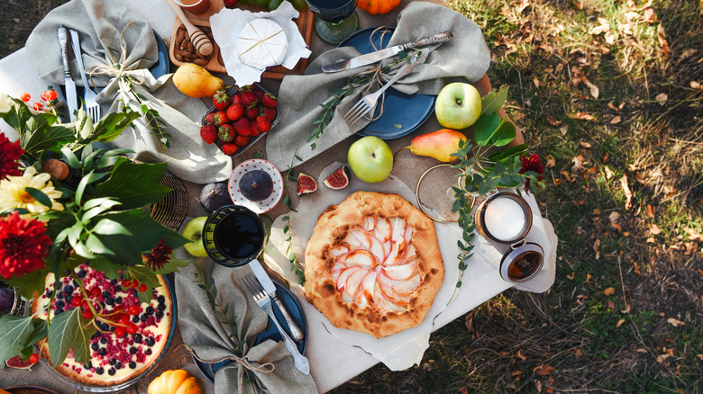 Picnic blanket with fresh fruits, cheese, and pies on it