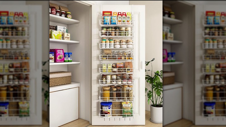 Over-the-door hanging storage system filled with different pantry items