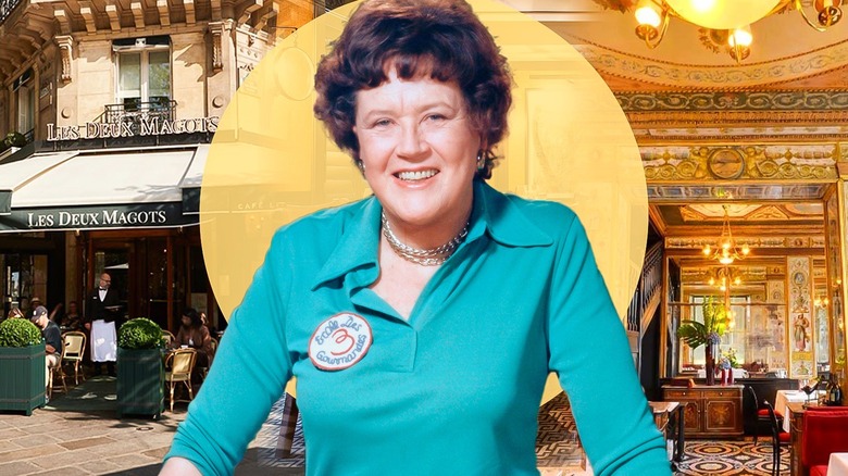Julian Child standing against a backdrop of her favorite restaurants