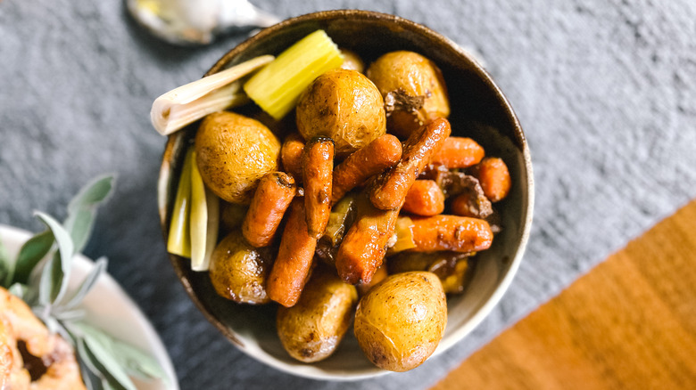 Roasted pan vegetables in serving bowl