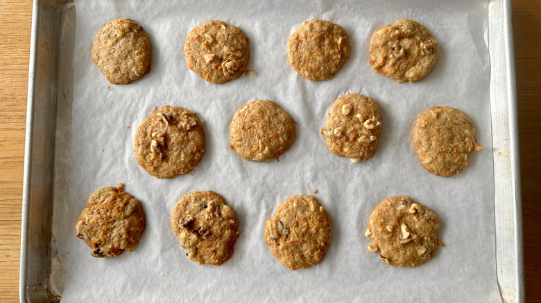 Baked carrot cake cookies on baking sheet
