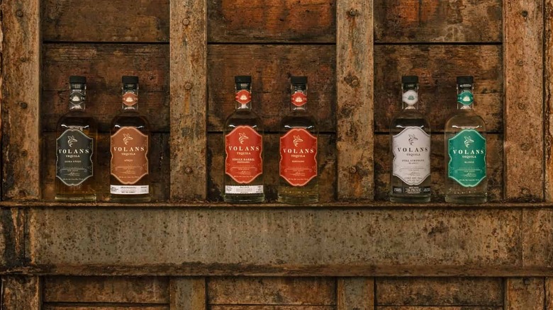Lines of Volans tequila lined up on a wooden shelf
