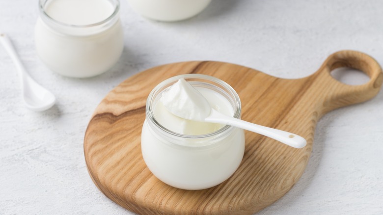 Homemade yogurt being spooned out of a small jar