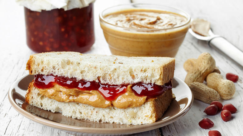 Peanut butter and jelly sandwich on plate