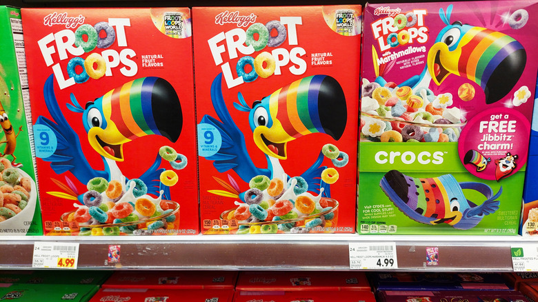 Three boxes of Kellogg's Froot Loops on a shelf