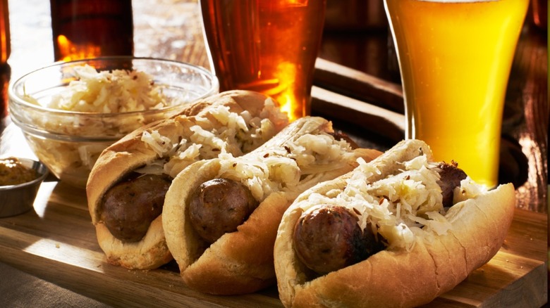 Bratwurst sausages with glasses of beer